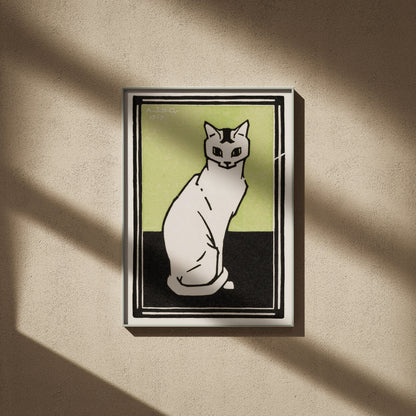 Chat Blanc - Julie de Graag - Affiche Illustration Animaux, affiche encadrée sur un mur beige, ombres de fenêtre