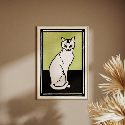 Chat Blanc - Julie de Graag - Affiche Illustration Animaux, affiche encadrée sur un mur beige, pampas au premier plan