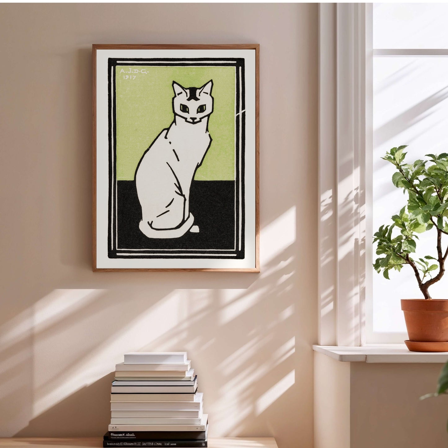 Chat Blanc sur Fond Vert - Julie de Graag - Affiche Art Animalier en situation