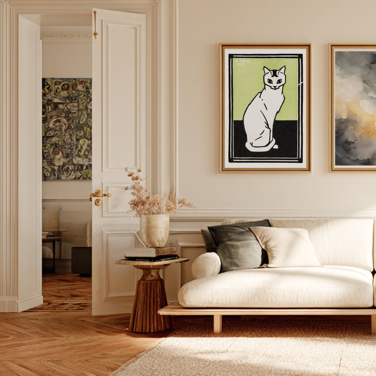 Chat Blanc sur Fond Vert - Julie de Graag - Affiche Art Animalier en situation