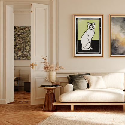 Chat Blanc sur Fond Vert - Julie de Graag - Affiche Art Animalier en situation