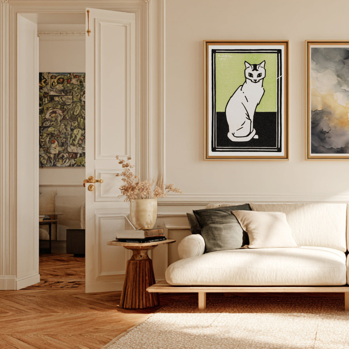 Chat Blanc - Julie de Graag - Affiche Illustration Animaux, affiche encadrée dans un salon haussmannien
