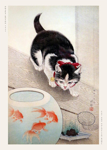 Chat et Poissons Rouges - Ohara Koson - Affiche Japonaise, l'affiche seule, papier épais mat éco-responsable