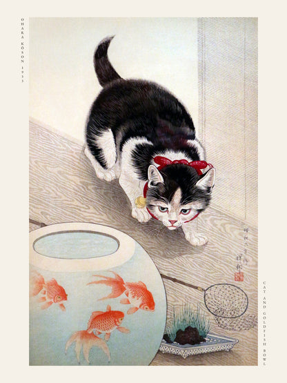 Chat et Bocal de Poissons Rouges - Ohara Koson - Estampe Japonaise
