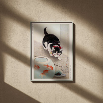 Chat et Poissons Rouges - Ohara Koson - Affiche Japonaise, affiche encadrée sur un mur beige, ombres de fenêtre