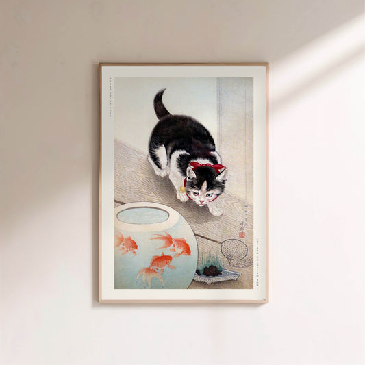 Chat et Bocal de Poissons Rouges - Ohara Koson - Estampe Japonaise en situation