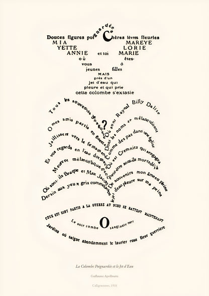 La Colombe Poignardée et le Jet d'Eau, Apollinaire | Calligramme Affiche Premium | Heure d'Été Studio