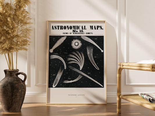 Cometes - Gravure Astronomique XIXe - Affiche Sciences Vintage, affiche encadrée dans un intérieur élégant, cadre bois clair