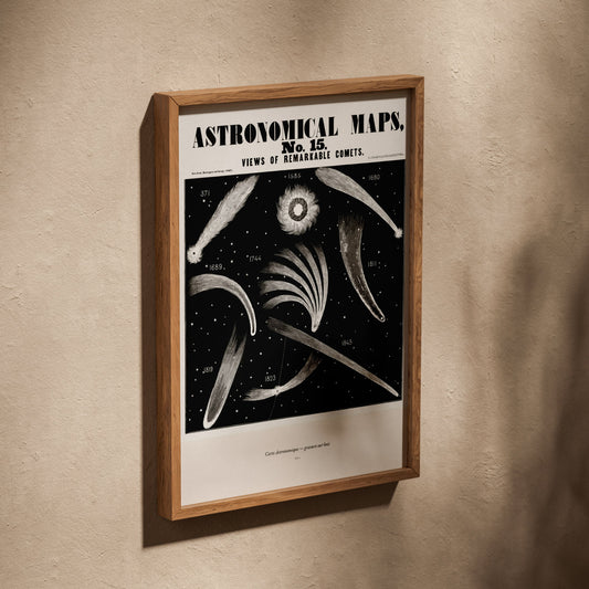 Cometes - Gravure Astronomique XIXe - Affiche Sciences, affiche dans un cadre en chêne posé de biais sur un mur texturé