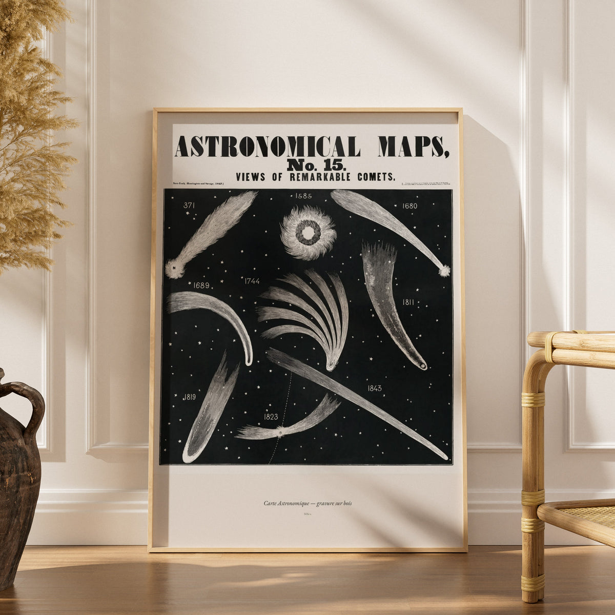 Cometes - Gravure Astronomique XIXe - Affiche Sciences, affiche encadrée dans un intérieur élégant, herbes séchées et chaise 