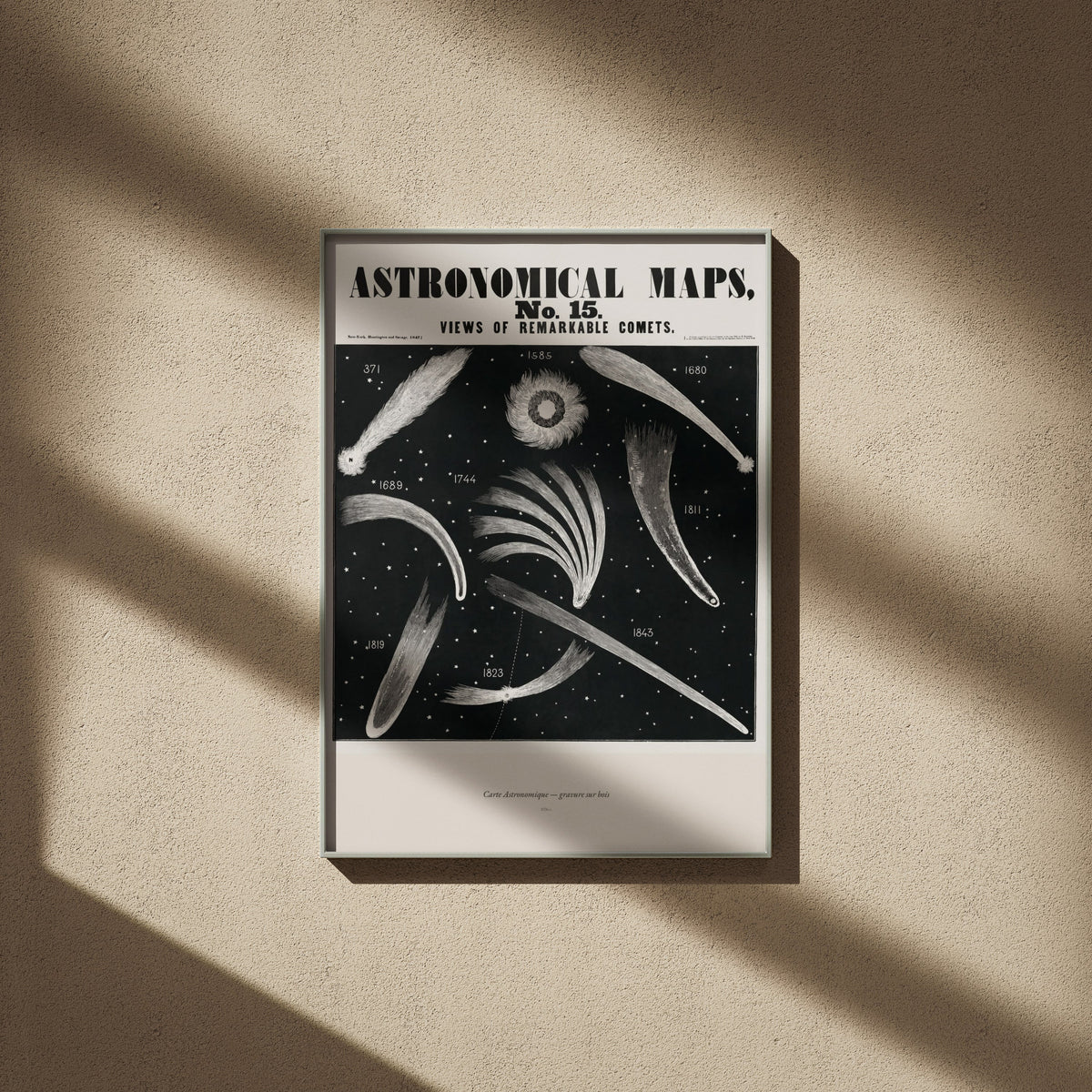 Cometes - Gravure Astronomique XIXe - Affiche Sciences, affiche encadrée sur un mur beige, ombres de fenêtre