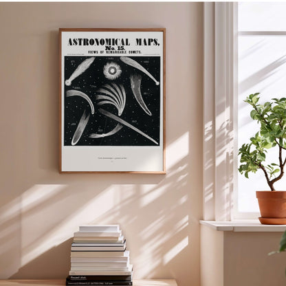 Cometes - Gravure Astronomique XIXe - Affiche Sciences, affiche encadrée au-dessus d'une pile de livres