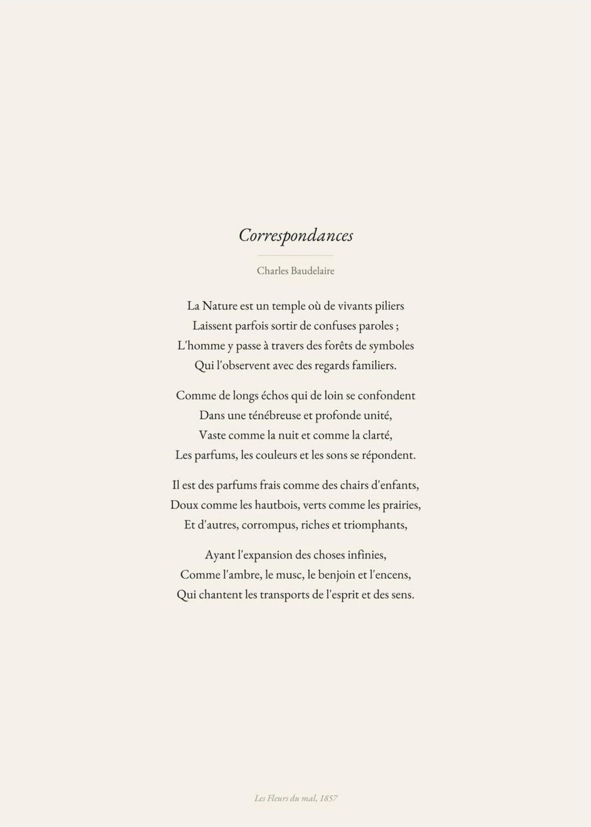 Correspondances - Baudelaire - Affiche Citation Poésie, l'affiche seule, papier épais mat éco-responsable
