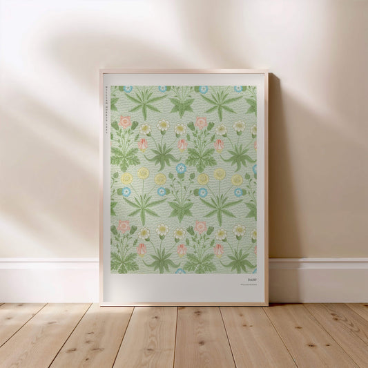 Daisy - William Morris - Affiche Arts & Crafts, affiche encadrée posée au sol, cadre bois clair