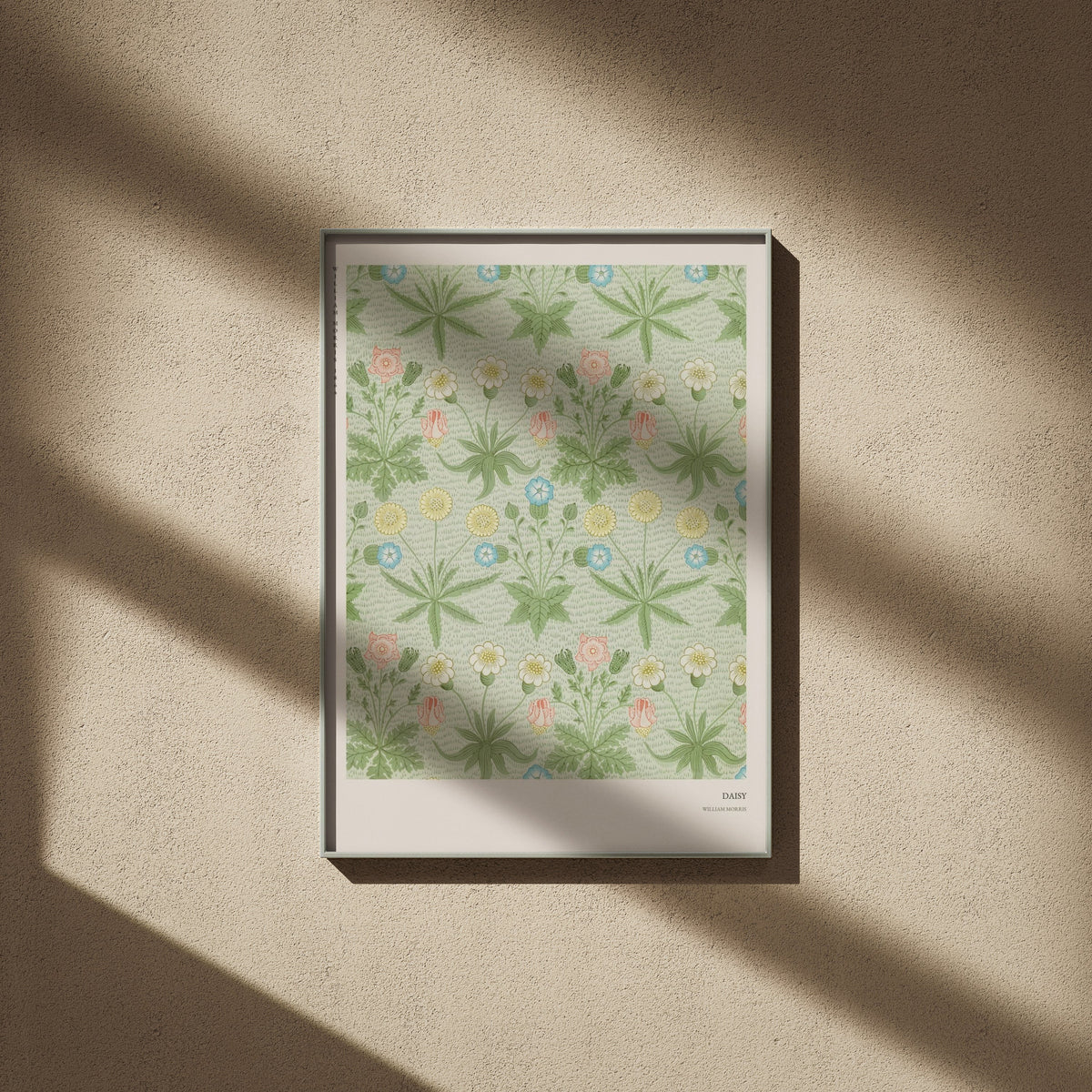 Daisy - William Morris - Arts & Crafts Poster, framed poster on a beige wall, window shadows
