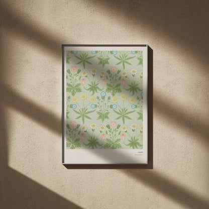 Daisy - William Morris - Arts & Crafts Poster, framed poster on a beige wall, window shadows