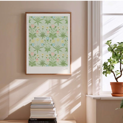Daisy - William Morris - Arts & Crafts Poster, framed poster above a stack of books