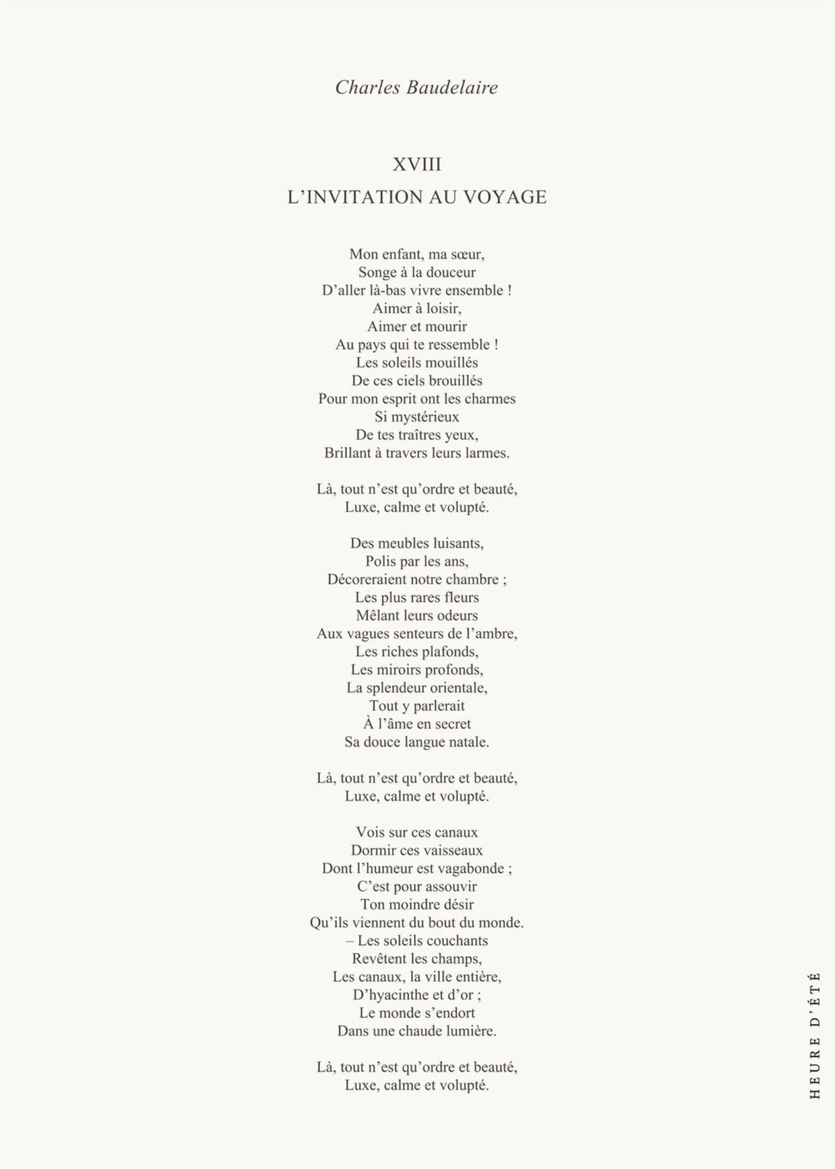 Affiche L'Invitation au voyage, poster poème Baudelaire, l'affiche seule, papier épais mat éco-responsable