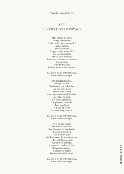 Affiche L'Invitation au voyage, poster poème Baudelaire, l'affiche seule, papier épais mat éco-responsable