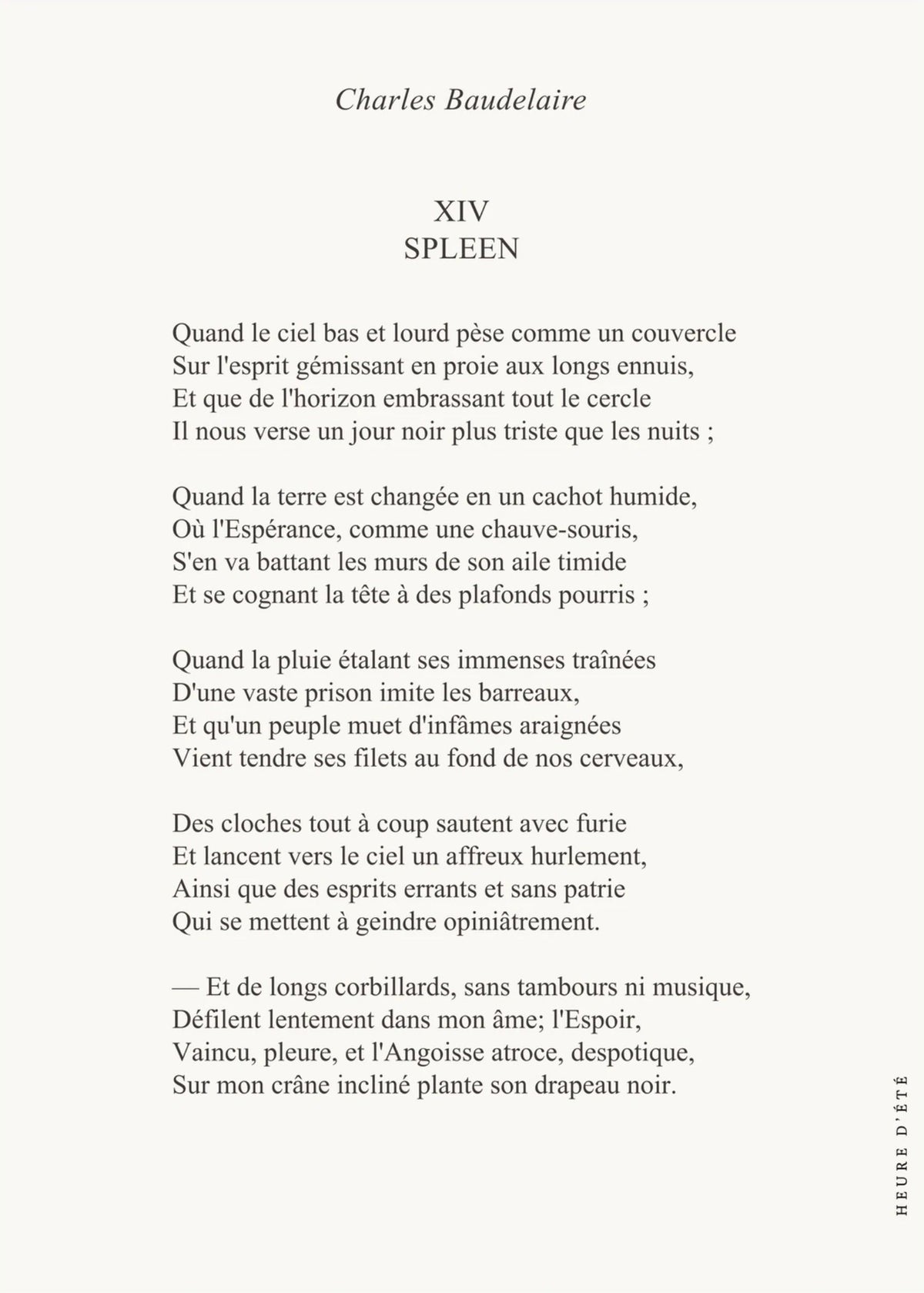 Spleen - Charles Baudelaire | Poster Poésie, l'affiche seule, papier épais mat éco-responsable