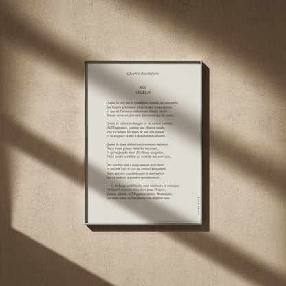 Spleen - Charles Baudelaire | Poster Poésie, affiche encadrée sur un mur beige, ombres de fenêtre