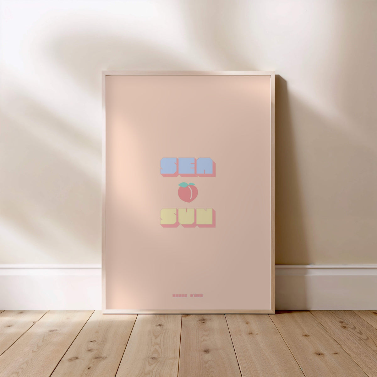 Sea Peach &amp; Sun Poster, framed poster standing on the floor, light wood frame
