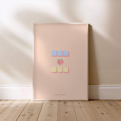 Sea Peach &amp; Sun Poster, framed poster standing on the floor, light wood frame