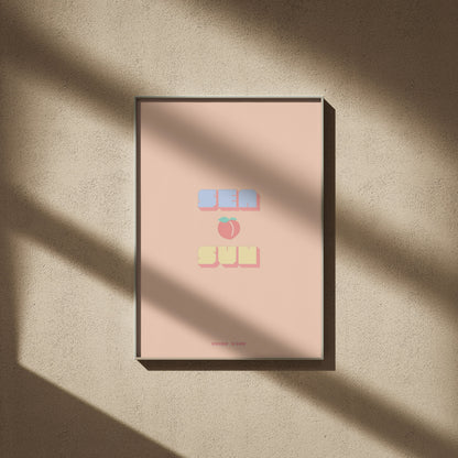 Sea Peach &amp; Sun Poster, framed poster on a beige wall, window shadows