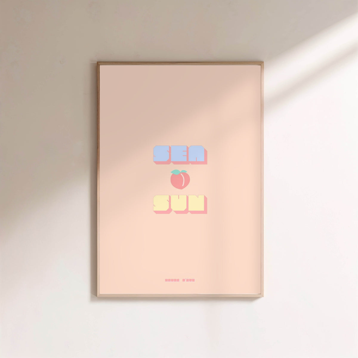 Sea Peach &amp; Sun Poster, framed poster on a light wall