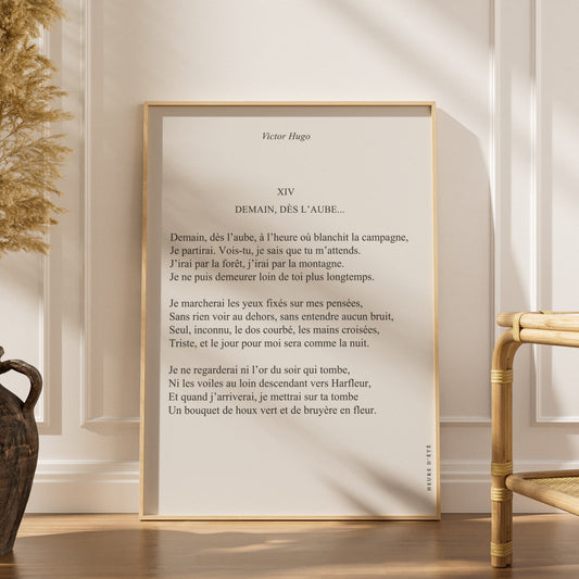 Demain, dès l'aube... - Victor Hugo | Poster Citation, affiche encadrée dans un intérieur élégant, herbes séchées et chaise e