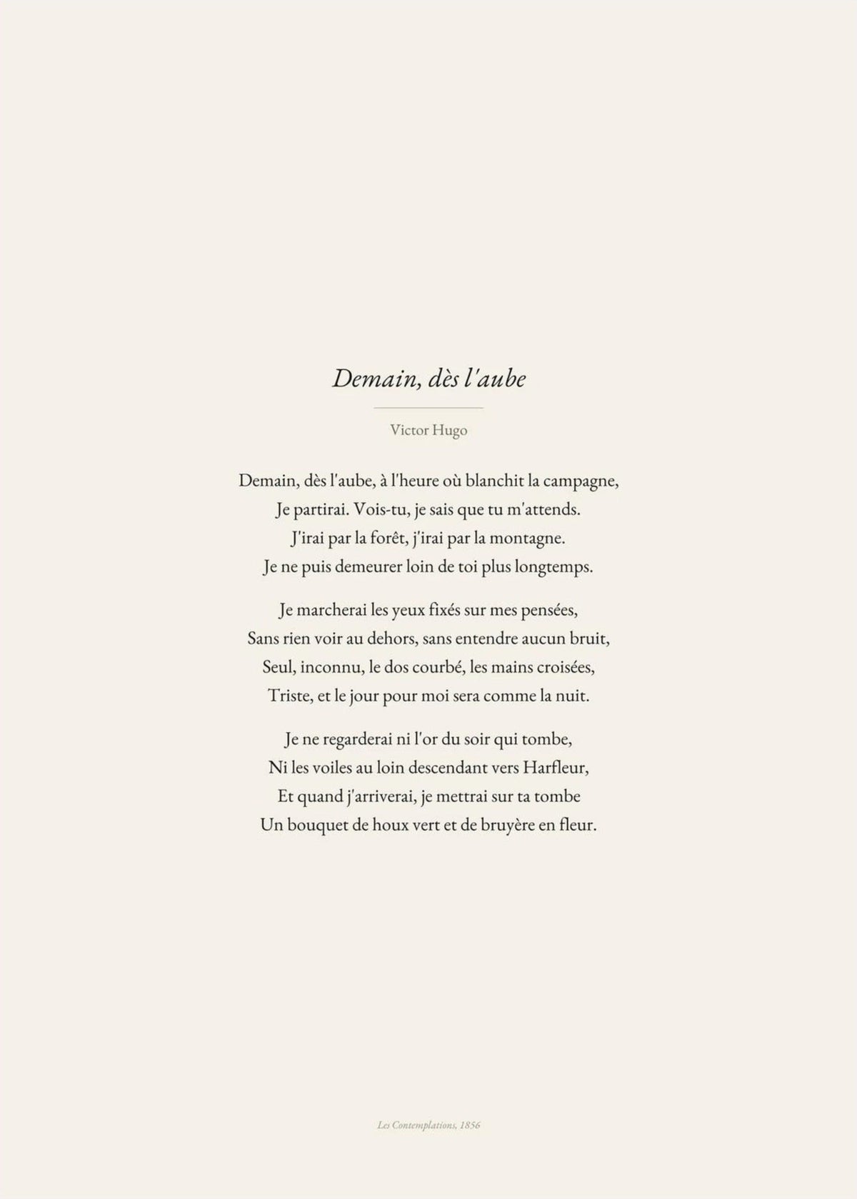 Demain, dès l'aube... - Hugo - Affiche Citation Poésie, l'affiche seule, papier épais mat éco-responsable
