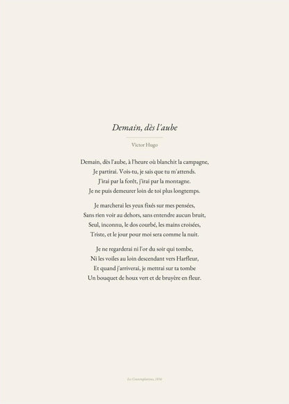 Demain, dès l'aube... - Hugo - Affiche Citation Poésie, l'affiche seule, papier épais mat éco-responsable