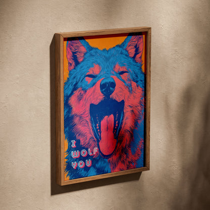 I Wolf You | Poster Dopamine Decor, affiche dans un cadre en chêne posé de biais sur un mur texturé
