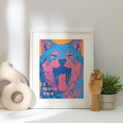 I Wolf You | Poster Dopamine Decor, affiche encadrée posée près d'un vase blanc, lumière rasante