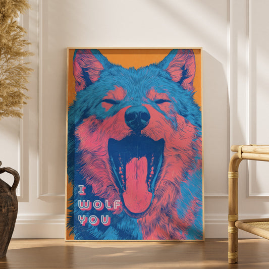I Wolf You | Poster Dopamine Decor, affiche encadrée dans un intérieur élégant, herbes séchées et chaise en rotin
