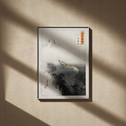 Dragon et Mont Fuji - Ogata Gekkō - Affiche Estampe, affiche encadrée sur un mur beige, ombres de fenêtre