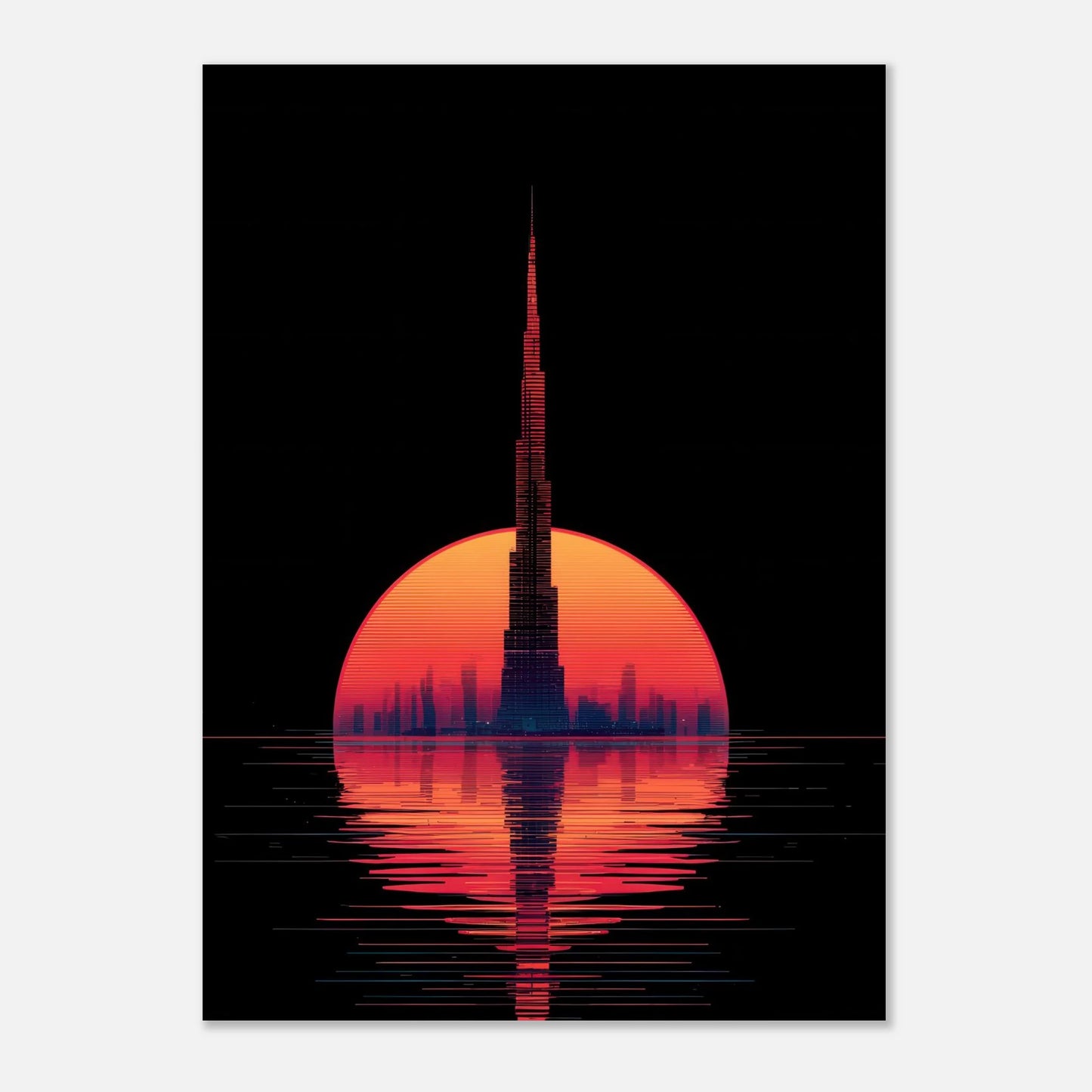 Affiche décorative vibrante, orange et noire, la grande tour de Dubaï au milieu de l'eau.