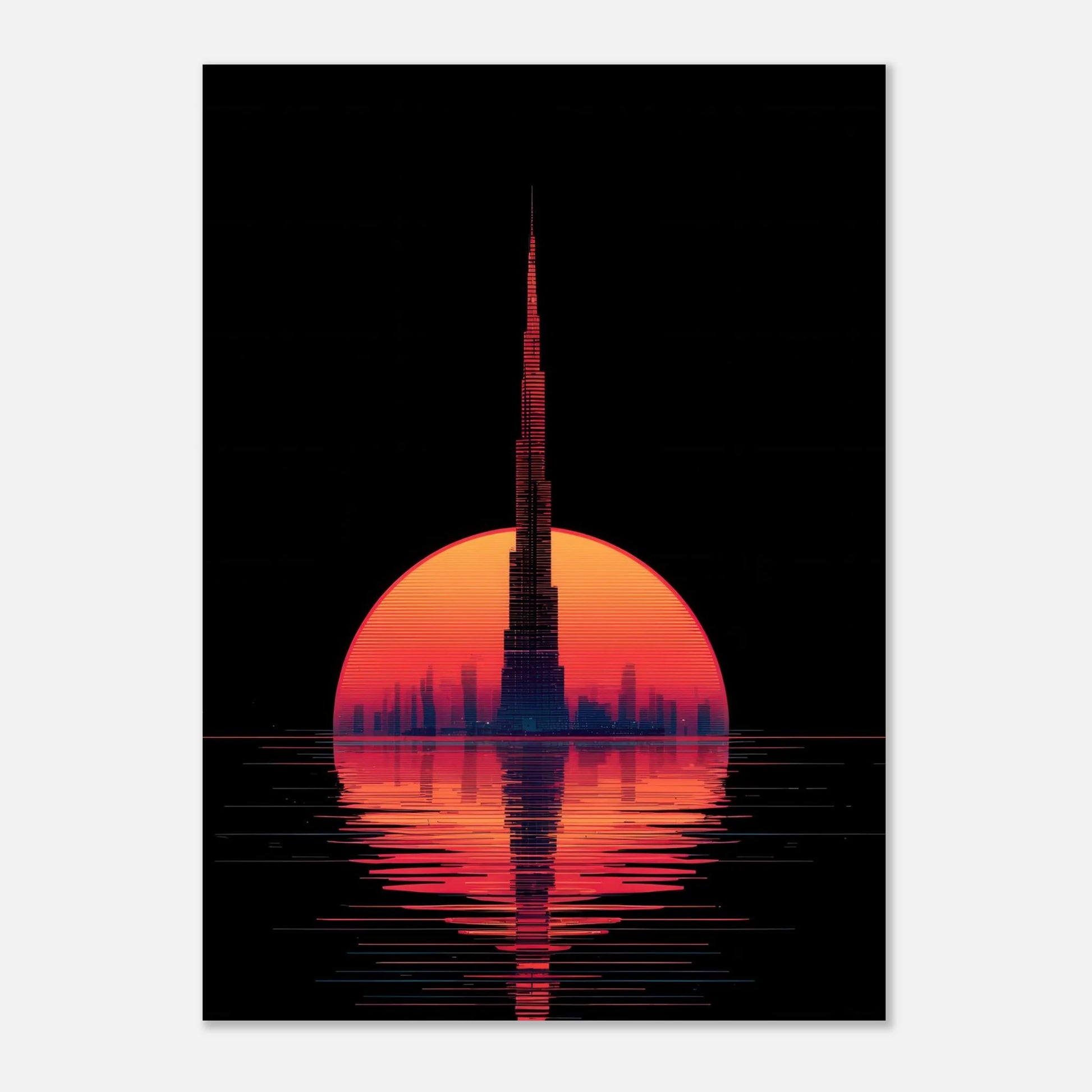 Affiche décorative vibrante, orange et noire, la grande tour de Dubaï au milieu de l'eau.