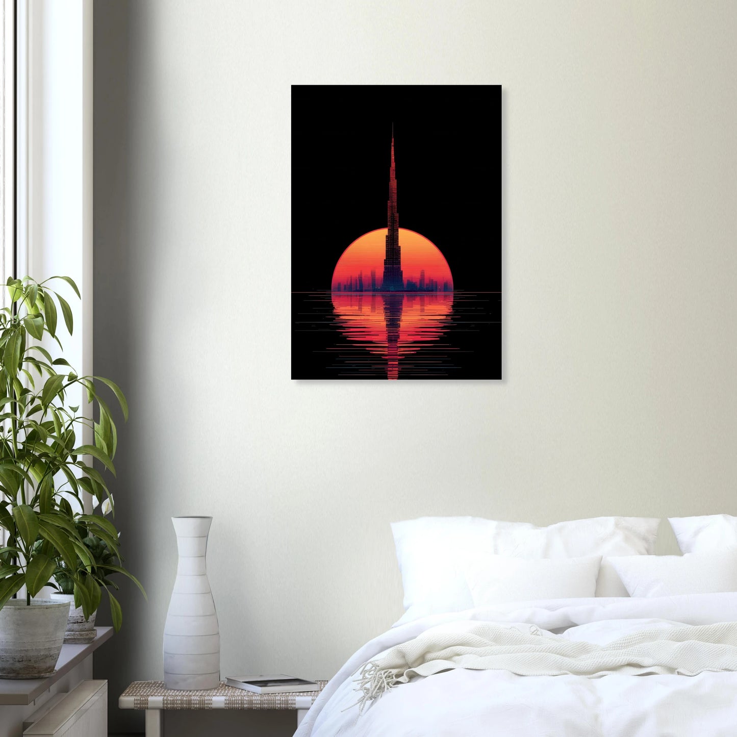 Affiche orange sur fond noir, Burj Khalifa au milieu de l'eau.