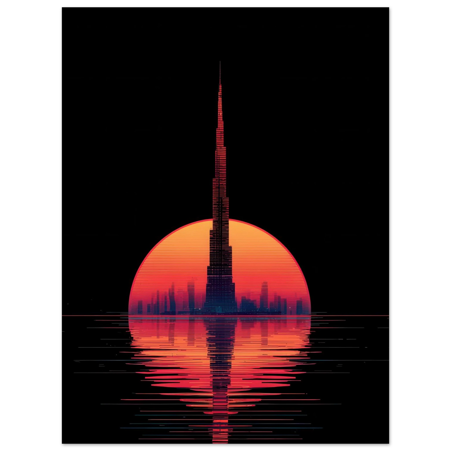 Soleil vibrant sur fond noir, grande tour au milieu de l'océan ayant submergé le monde.