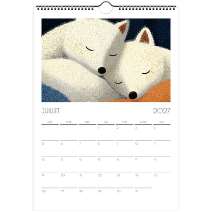 Juillet 2027 du calendrier enfant, deux renards polaires blancs endormis l'un contre l'autre
