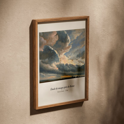 Étude de nuages près de Rome, Simon Denis, affiche dans un cadre en chêne posé de biais sur un mur texturé