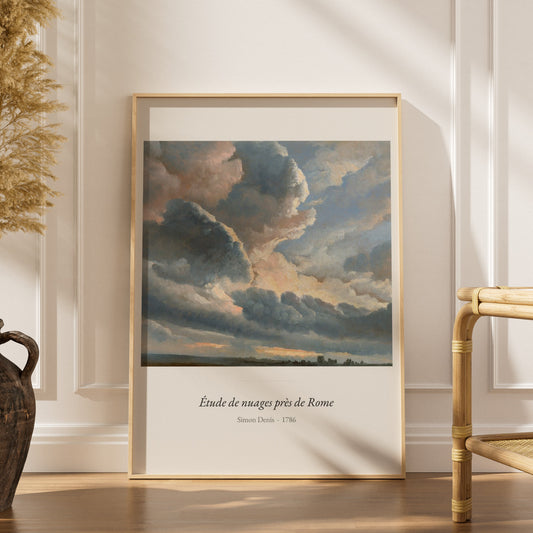 Étude de nuages près de Rome, Simon Denis, affiche encadrée dans un intérieur élégant, herbes séchées et chaise en rotin
