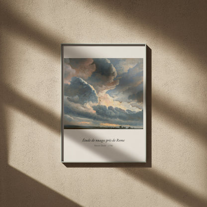 Étude de nuages près de Rome, Simon Denis, affiche encadrée sur un mur beige, ombres de fenêtre