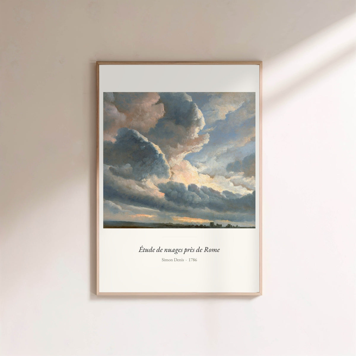 Étude de nuages près de Rome, Simon Denis, affiche encadrée sur un mur clair