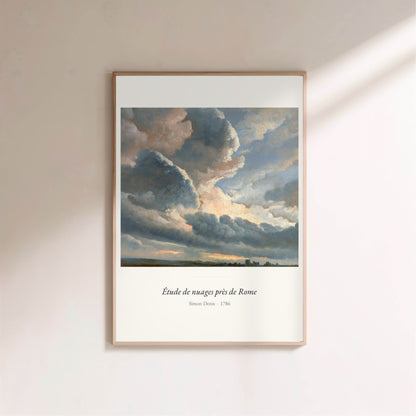 Étude de nuages près de Rome, Simon Denis, affiche encadrée sur un mur clair