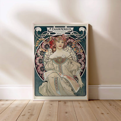 F. Champenois - Alphonse Mucha 1898 - Art Nouveau Poster, framed poster standing on the floor, light wood frame
