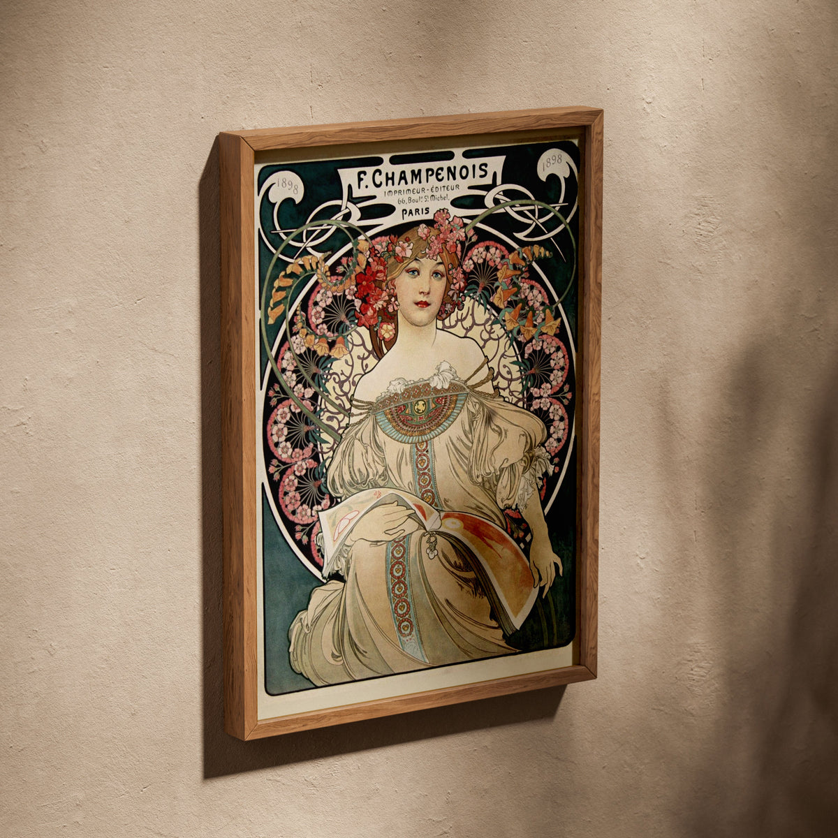 F. Champenois - Alphonse Mucha 1898 - Art Nouveau Poster, poster in an oak frame leaning on a textured wall