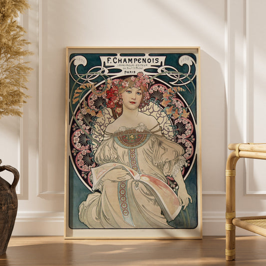 F. Champenois - Alphonse Mucha 1898 - Affiche Art Nouveau, affiche encadrée dans un intérieur élégant, herbes séchées et chai