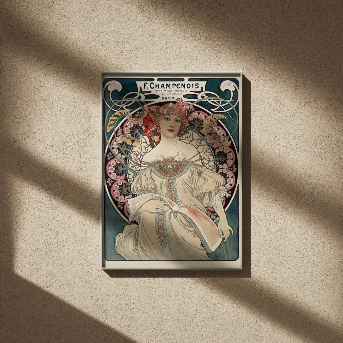 F. Champenois - Alphonse Mucha 1898 - Art Nouveau Poster, framed poster on a beige wall, window shadows